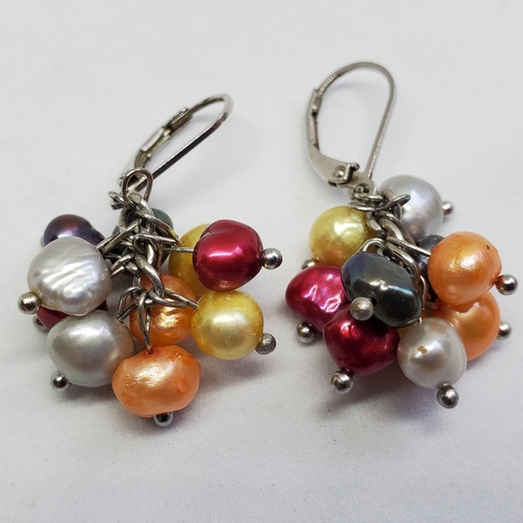 Multi Color Pearl Cluster Sterling Silver Earrings - Picture 2 of 5